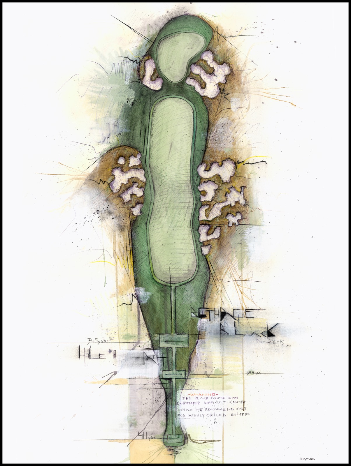 Mixed-media painting of Bethpage Black hole No. 18, the closing climb at the people's course, in watercolor and charcoal