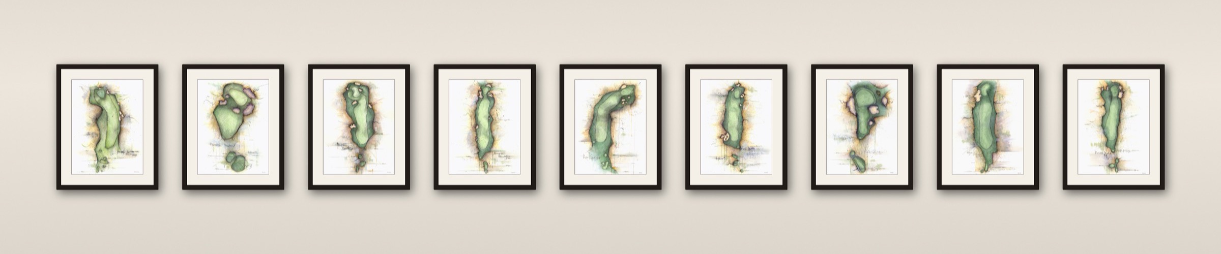 A row of framed Charcoal Golf prints hung as a gallery wall: the Maxwell Collection of Prairie Dunes holes