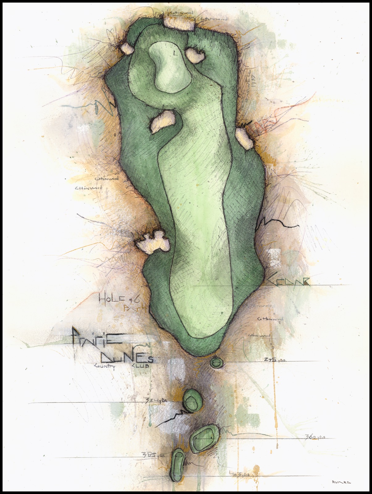 Mixed-media painting of Prairie Dunes hole No. 6, Cedar, a short dogleg in watercolor greens with hand-lettered notes