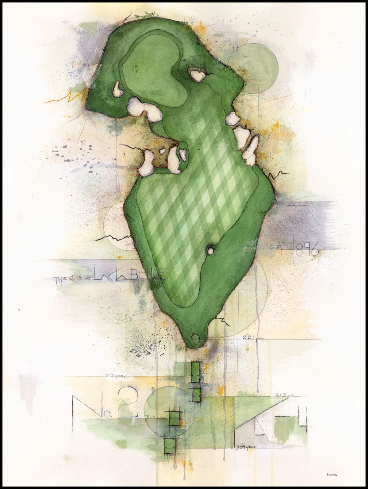 Mixed-media painting of The Club at Lac La Belle hole No. 2, watercolor fairway with hand-lettered course notes