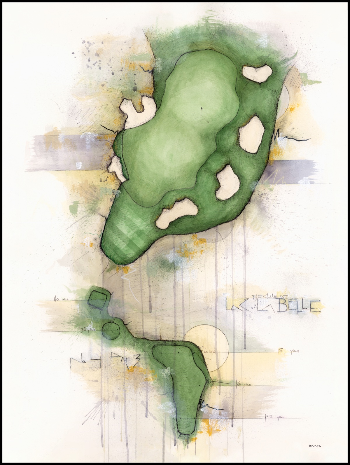 Mixed-media painting of The Club at Lac La Belle hole No. 4, watercolor green complex with hand-lettered course notes