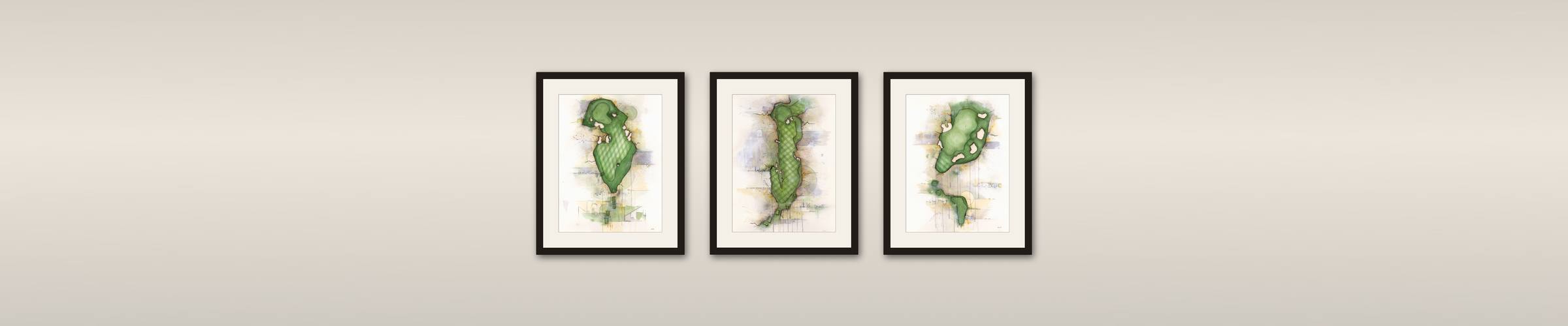 Three framed Charcoal Golf prints hung as a gallery wall: the 1896 Collection of Lac La Belle holes 2, 16 and 4