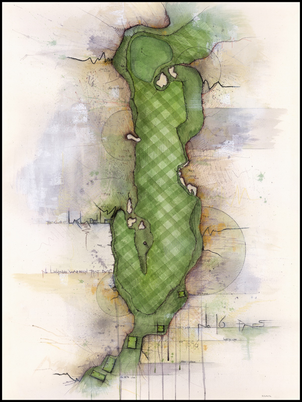 Mixed-media painting of The Club at Lac La Belle hole No. 16, checkered watercolor fairway with hand-lettered course notes