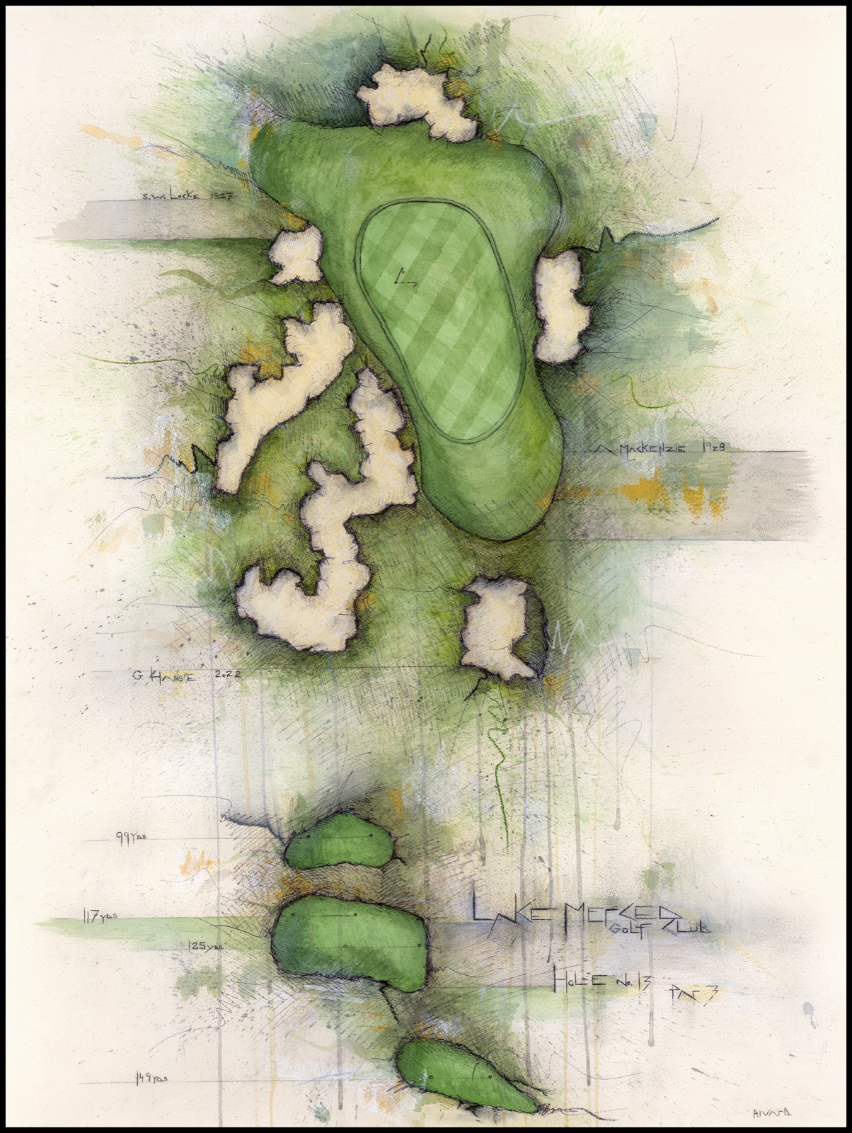 Mixed-media painting of Lake Merced hole No. 13, MacKenzie's restored par three, in watercolor and charcoal