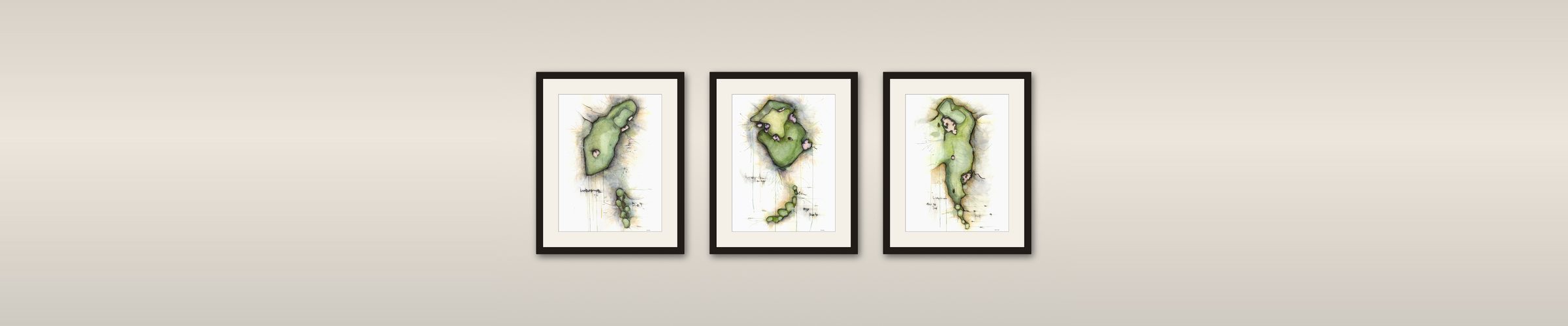 Three framed Charcoal Golf prints hung as a gallery wall: the Closing Time Collection of Landmand holes 16, 17 and 18