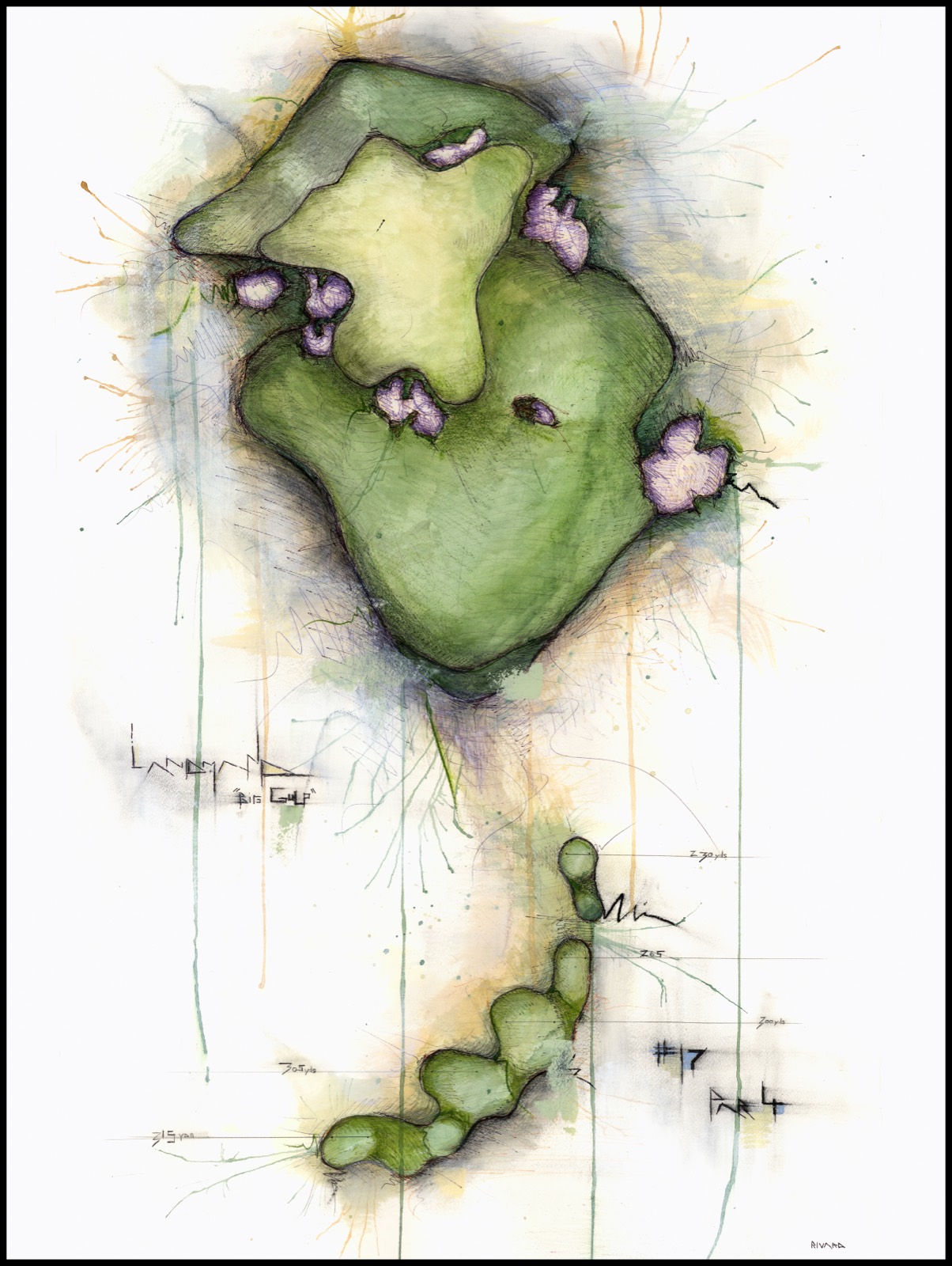 Mixed-media painting of Landmand hole No. 17, Big Gulp, and its vast green in watercolor and charcoal