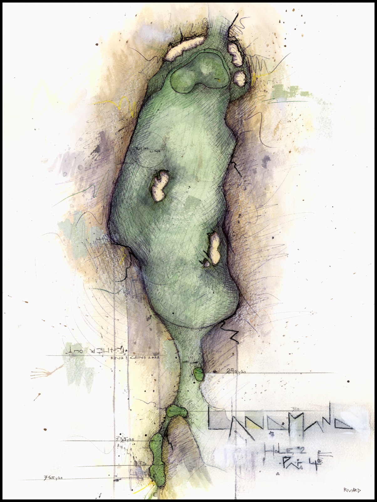 Mixed-media painting of Landmand hole No. 2, "Further Out", a par four green complex in watercolor and charcoal with hand-lettered course notes