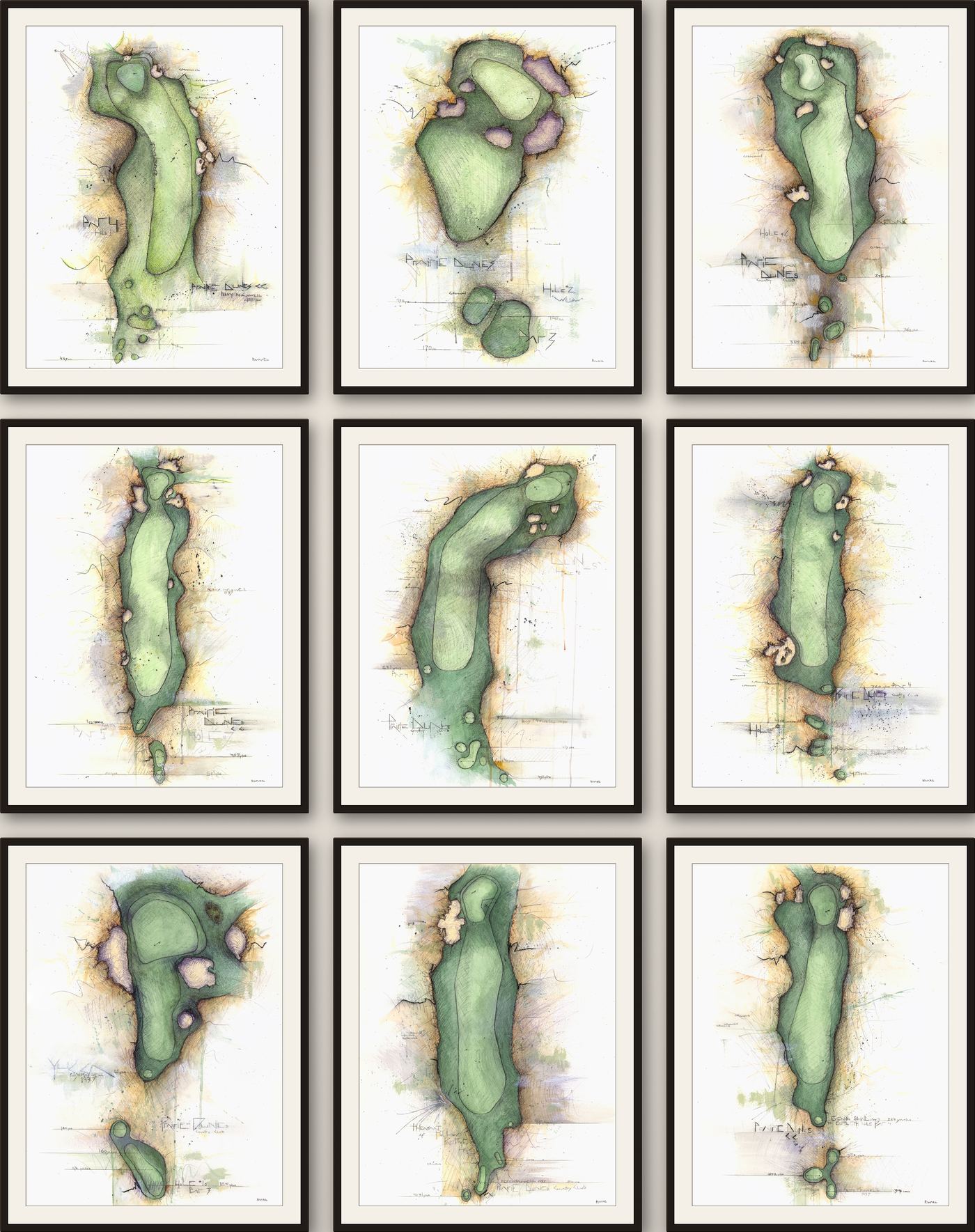 Framed Charcoal Golf prints of the Maxwell Collection, the nine Prairie Dunes holes