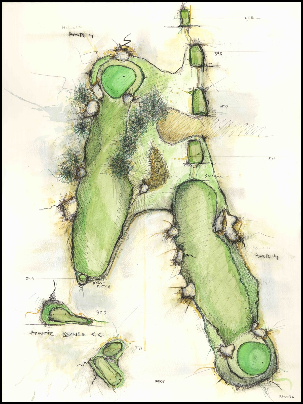 Mixed-media painting of Prairie Dunes holes No. 12 Briar Patch and No. 13 Sumac drawn on one sheet, in watercolor and charcoal with hand-lettered course notes