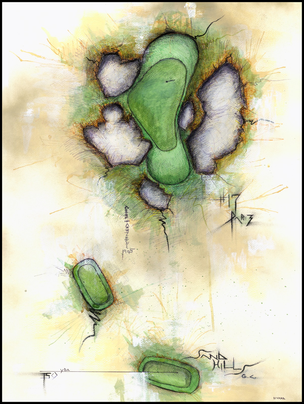 Mixed-media painting of Sand Hills hole No. 17, a short par three in watercolor and charcoal