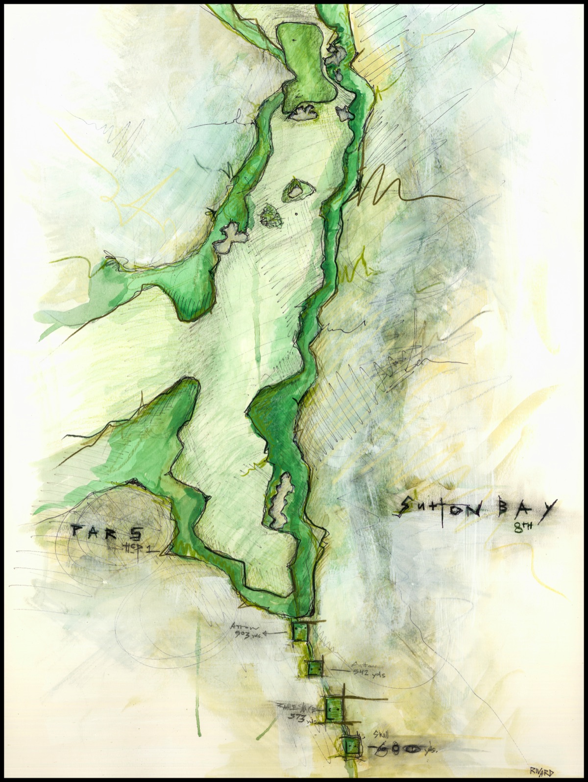 Mixed-media painting of Sutton Bay hole No. 8, a long par five on the bluffs above Lake Oahe