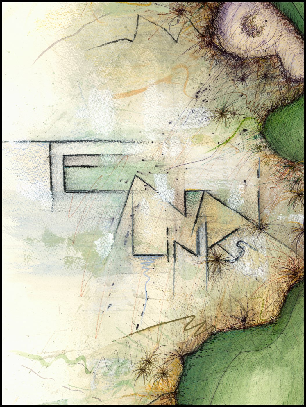 Detail of the Te Arai Links artwork: the hand lettered Te Arai Links title over pale watercolor sky beside a bunkered edge of the green