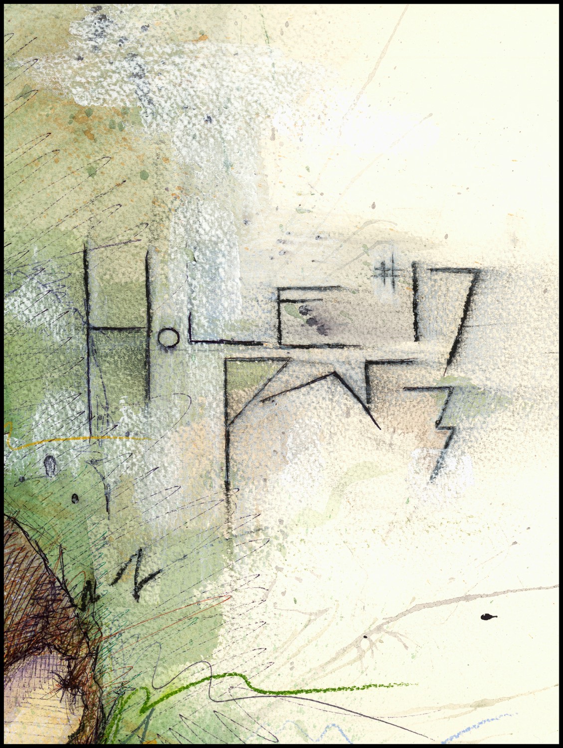 Detail of the Te Arai Links artwork: the hand lettered Hole 17 Par 3 inscription in charcoal over green and cream washes