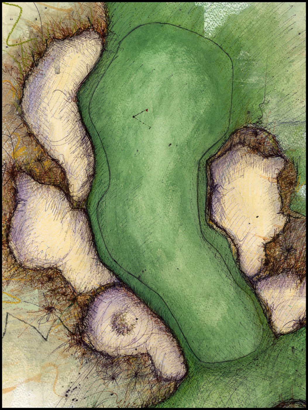 Detail of the Te Arai Links artwork: the green ringed by sketched pot bunkers and wiry ink grasses with a small red flag at center