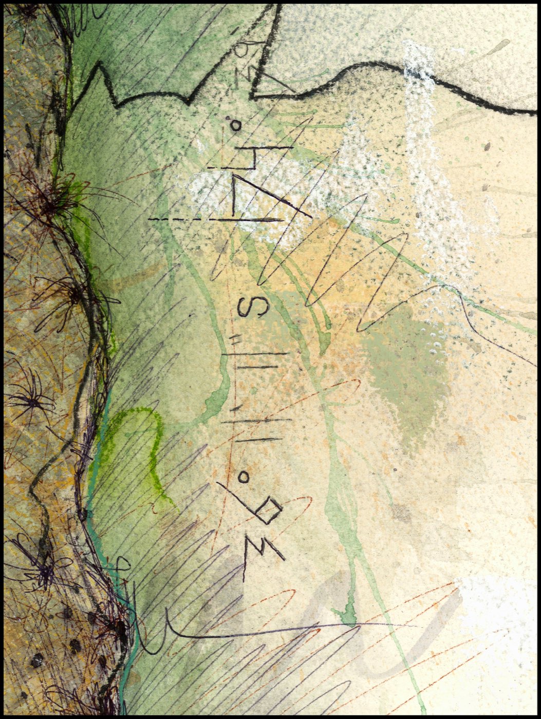 Detail of the Te Arai Links artwork: hand lettered coordinate markings running down the dune edge below the black shoreline contour