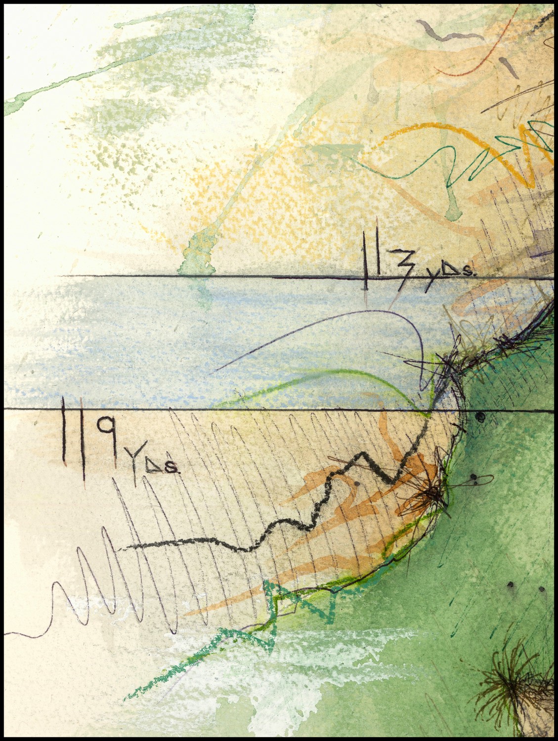 Detail of the Te Arai Links artwork: yardage lines marked 113 and 119 yards crossing a blue band of sea and sandy waste