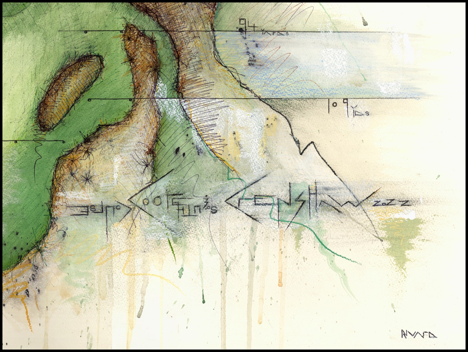 Detail of the Te Arai Links artwork: the designer credit and 2022 date hand lettered across watercolor drips with the Rivard signature at lower right