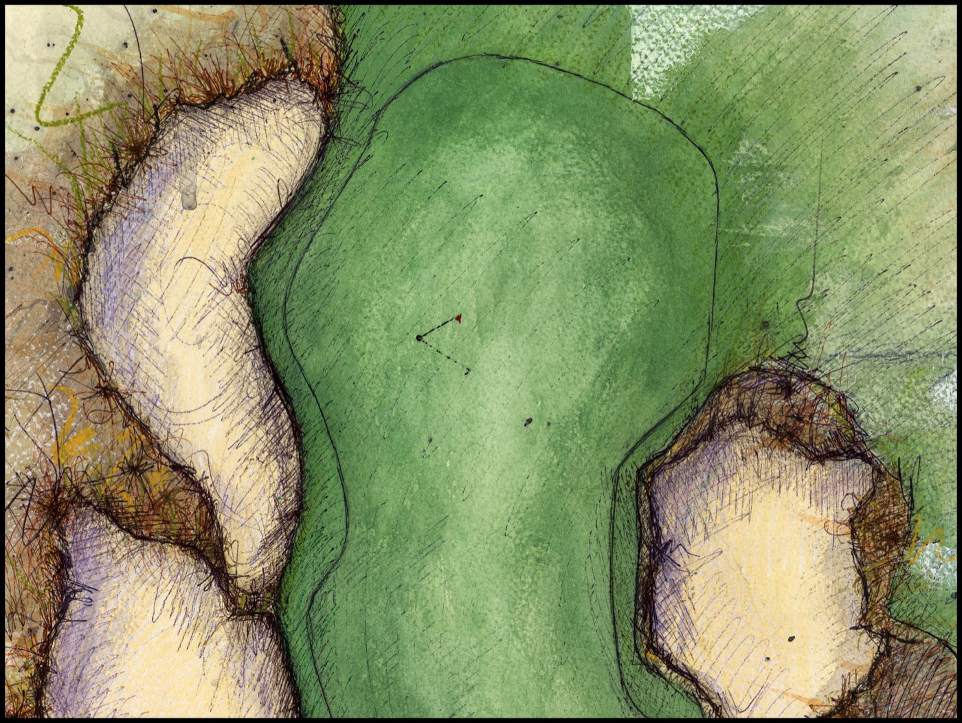 Detail of the Te Arai Links artwork: a wide view of the green with its red flag flanked by two large sandy blowout bunkers