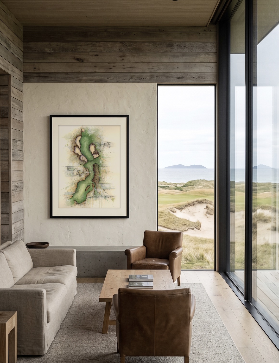 Framed Charcoal Golf print of Te Arai Links Hole 17 in a clubhouse lounge, with leather chairs and windows onto the dunes