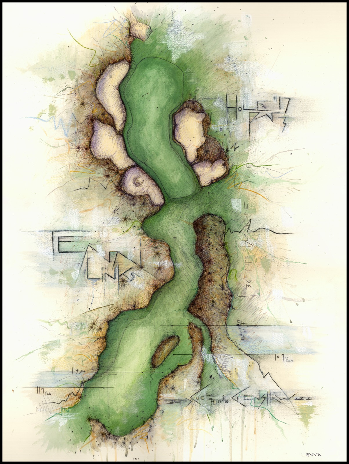 Mixed-media painting of Te Arai Links No. 17, South Course, New Zealand