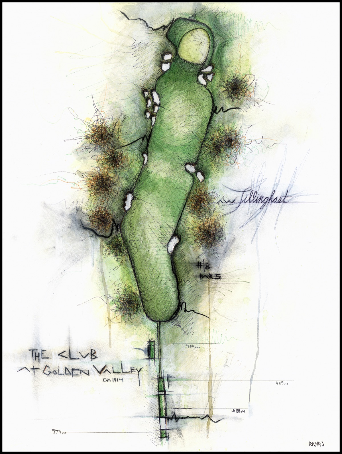 Mixed-media painting of The Club at Golden Valley hole No. 18, Tillinghast's par five finisher beneath the clubhouse