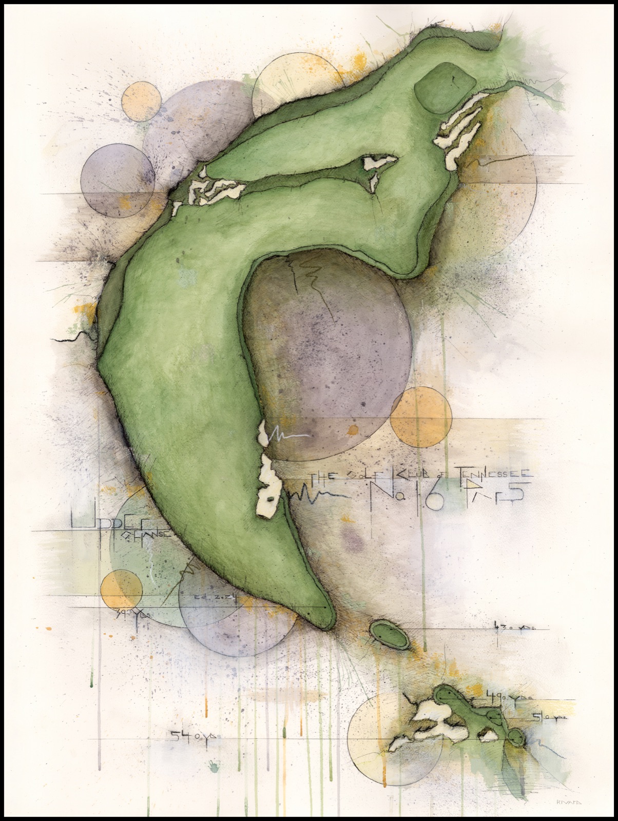 Mixed-media painting of hole No. 16 at The Golf Club of Tennessee, a sweeping par five curving through watercolor greens with hand-lettered course notes