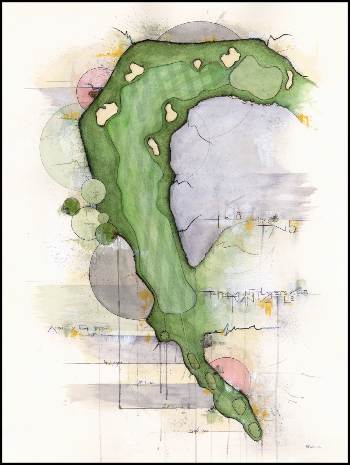 Mixed-media painting of the 18th hole at TPC Twin Cities, the closing hole of the 3M Open
